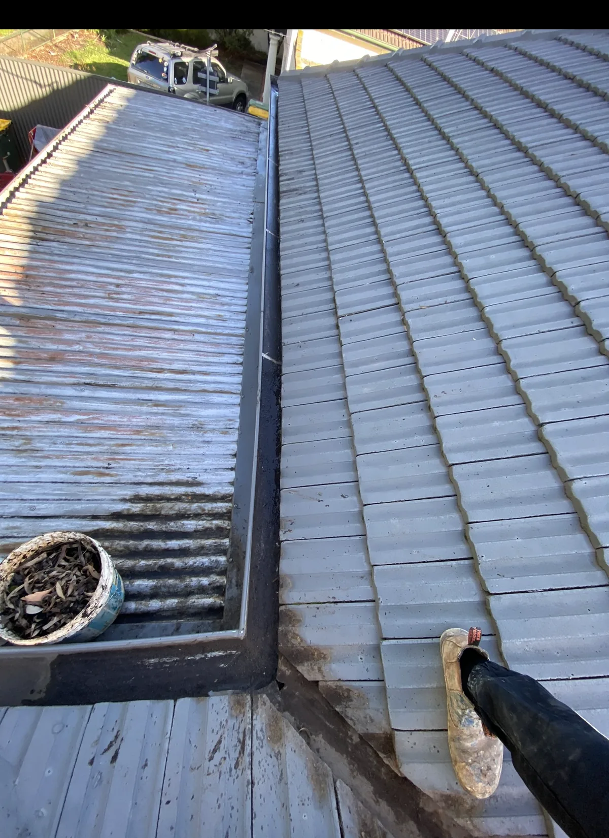 A bucket of leaves and debris cleared out of a corrugated-roof gutter